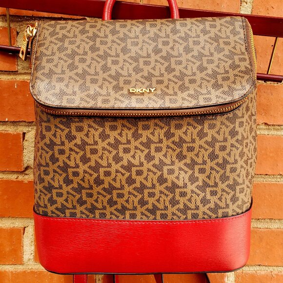 BNWoT DKNY Bryant Signature Top Zip Backpack in camel brown / candy red (OS) - Picture 2 of 8